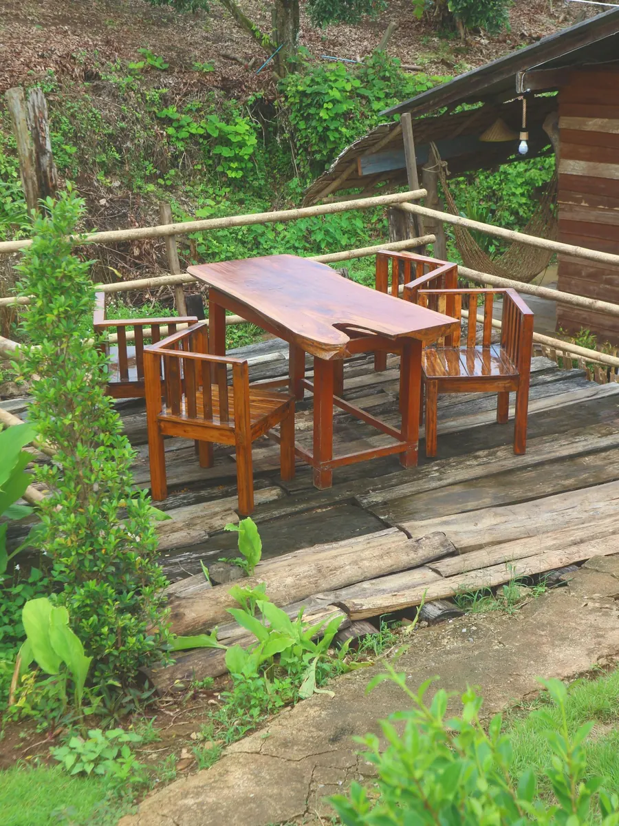 Teak table and chairs on the deck